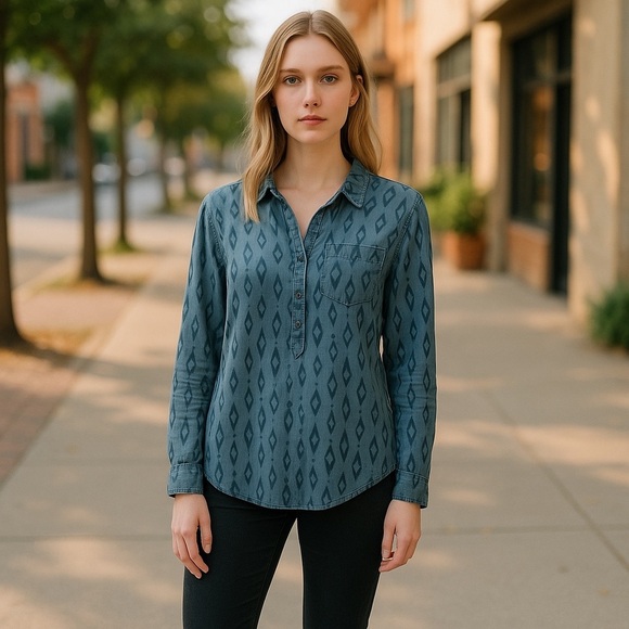 Women’s Andrea Jovine Boho Southwestern Print Chambray TunicTop XL - Picture 1 of 6